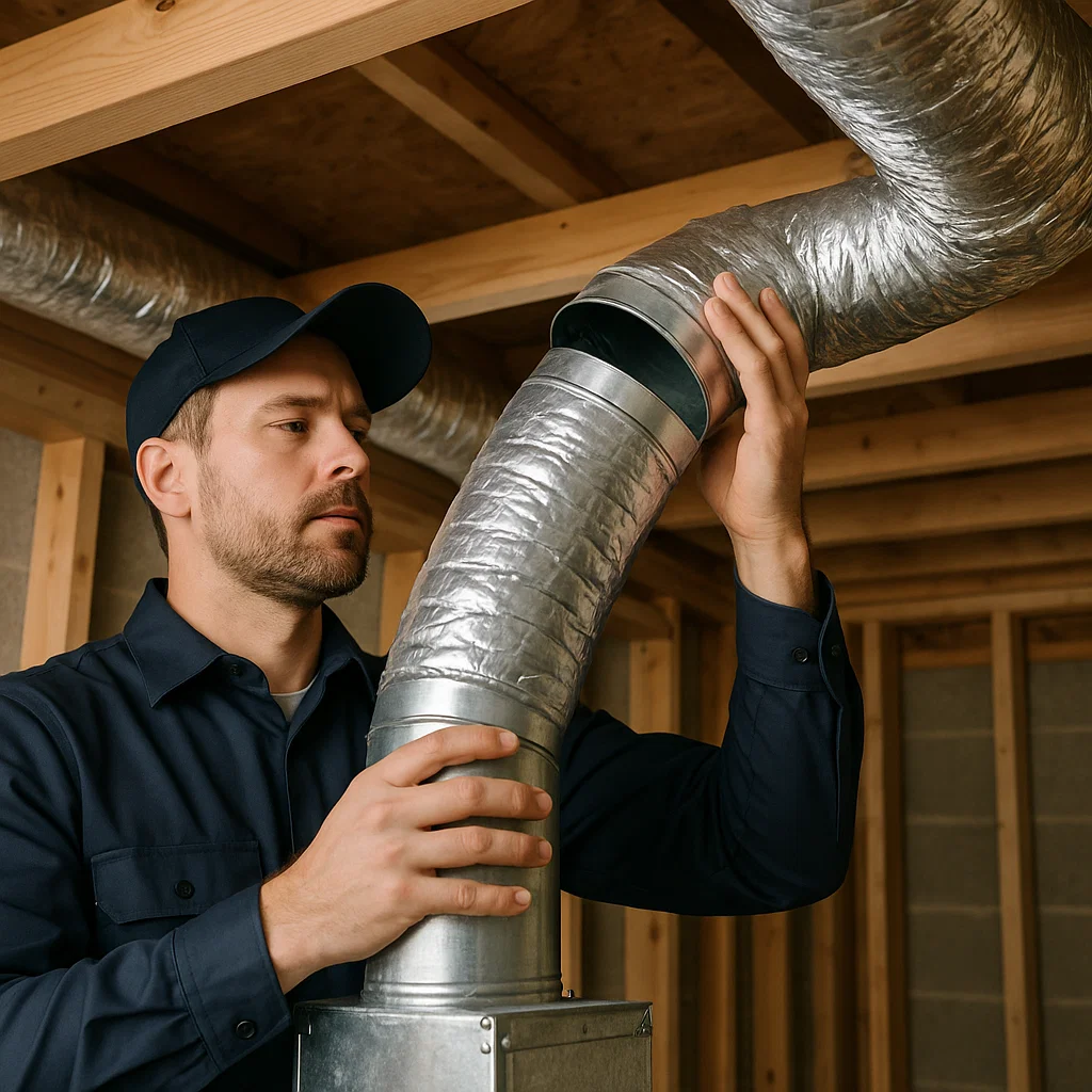 Technician repairing damaged HVAC duct lines, sealing gaps and restoring proper airflow in a home in Cinco Ranch TX.