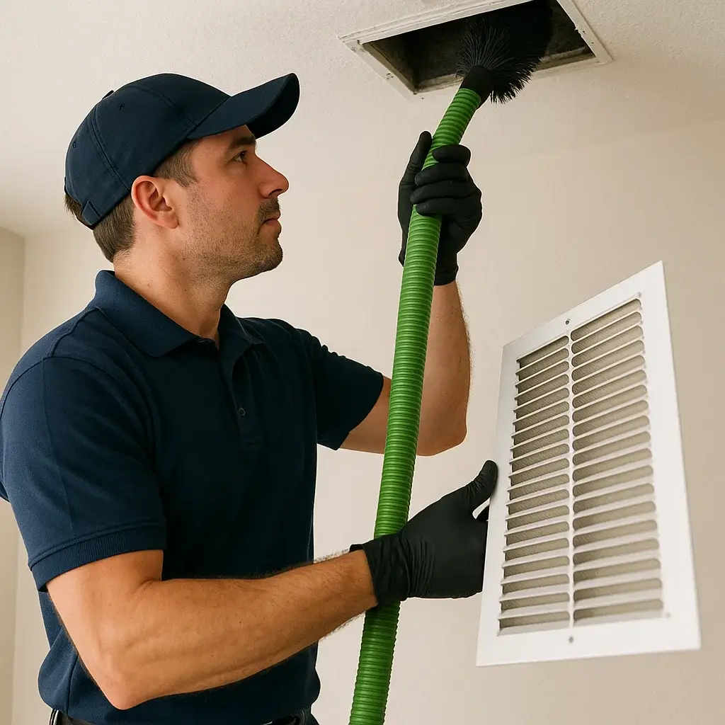 Technician repairing damaged HVAC ducts, sealing leaks and restoring airflow inside a home in Jersey Village TX.