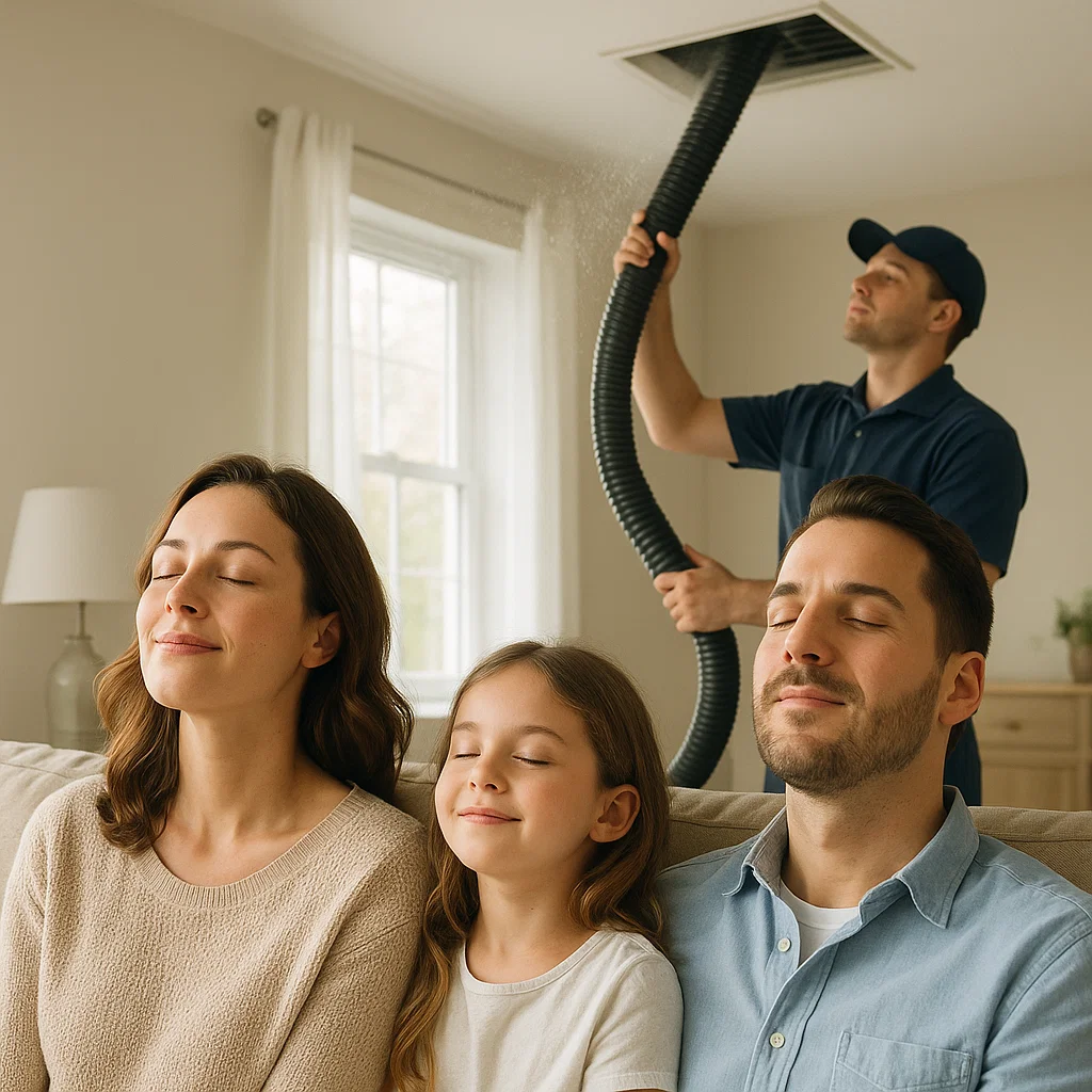 Technician performing routine HVAC duct maintenance including inspections, airflow testing and vent sanitation in Jersey Village TX.